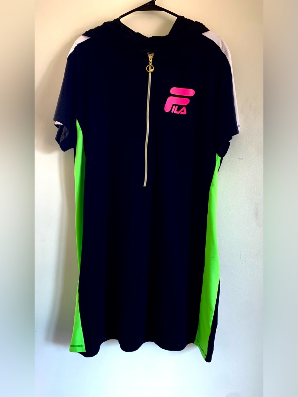 FILA bodycon streetwear hooded neon mini dress features contrast colorblock side